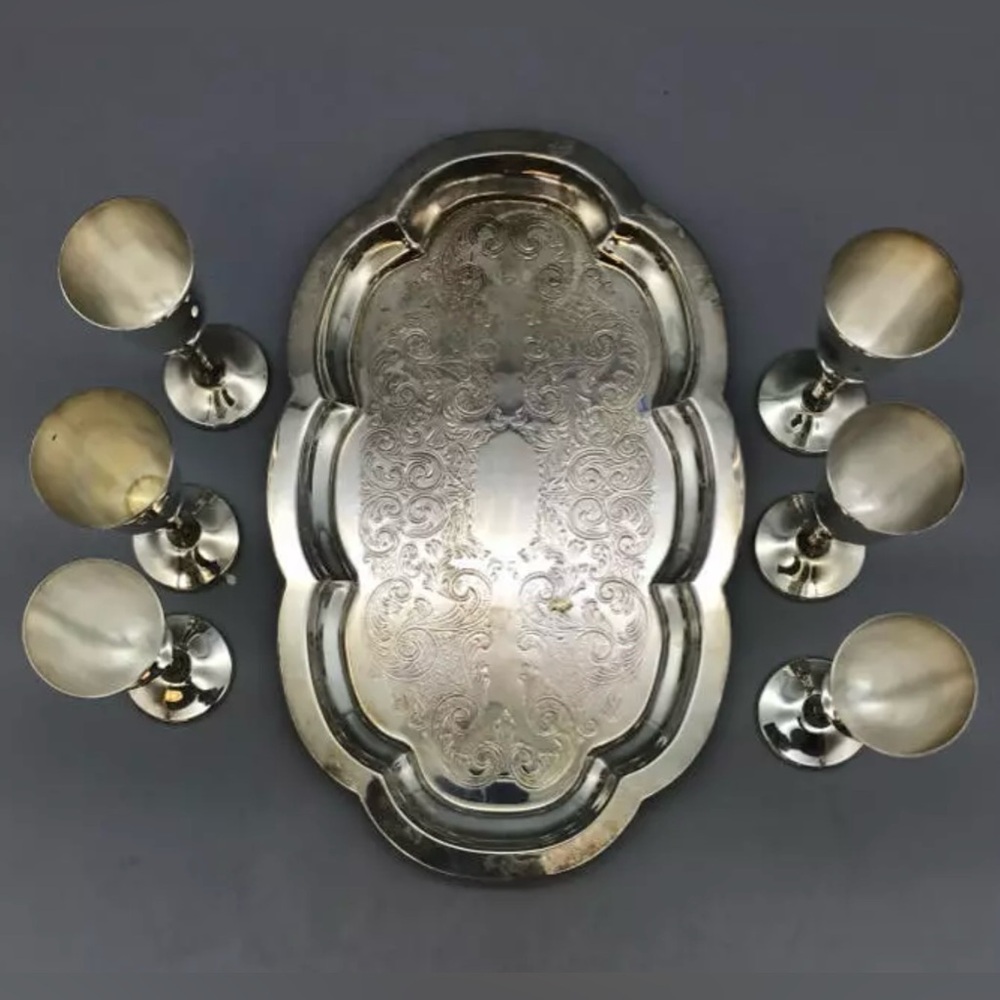 Pilgrim Silverplate Goblets Set of 6 with Etched Unbranded Silverplate Tray